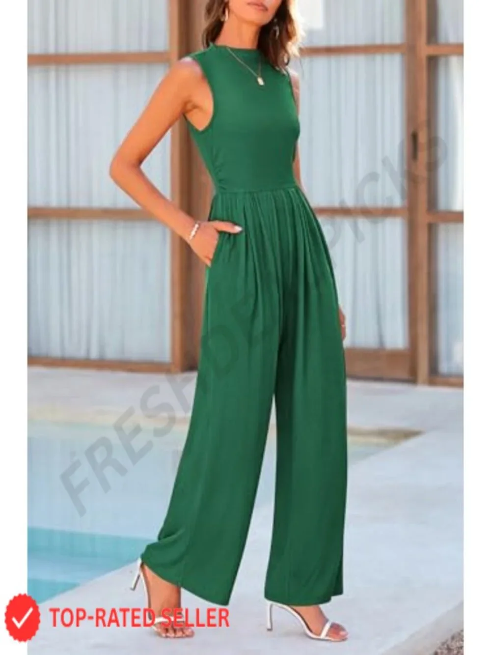 Ribbed Knit Sleeveless Mock Neck Wide Leg Jumpsuit with Pockets and Back Zipper